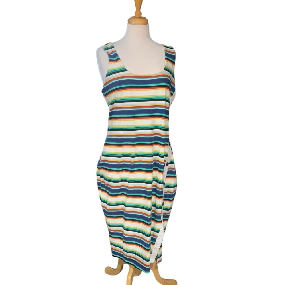 Vntg 90’s sleeveless multi color striped body con dress from Express size xl